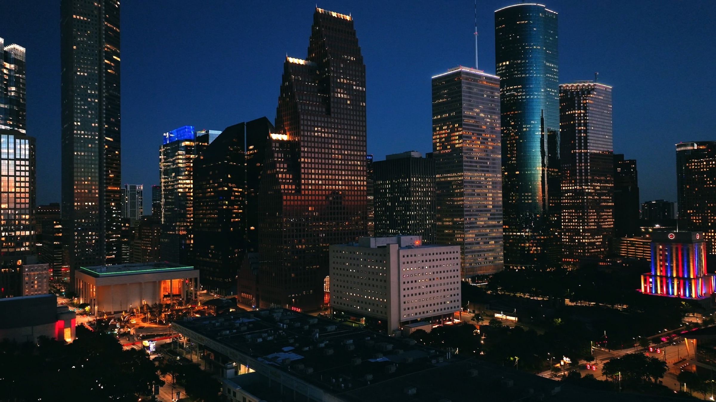 Downtown Houston skyline at blue hour, just before sunrise
